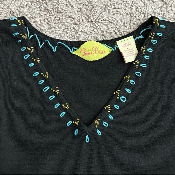Prima Bella Black Knit Embroidered Beaded Shirt Womens L - Picture 8 of 16